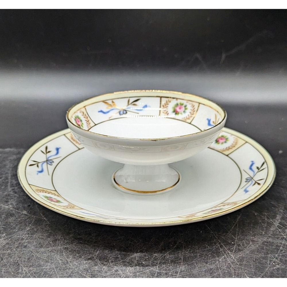 Antique Art Deco Nippon Chip Dip Tray Floral Rose Geometric Design 7.5" Japan